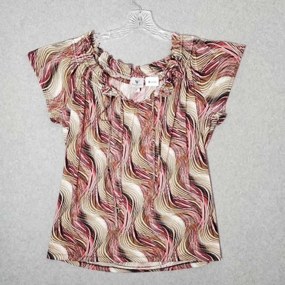 Worthington Women Top XL Pink Swirly Print Blouse Stretch Short Sleeve